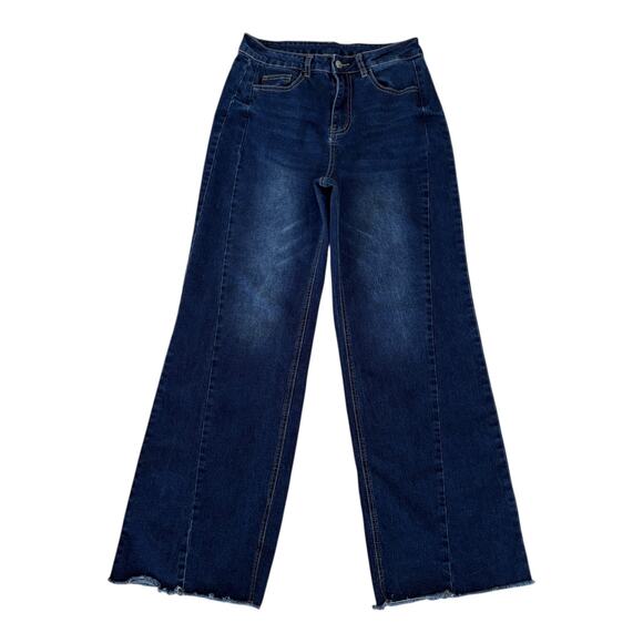 High Rise Wide Leg Panel Jeans Raw Hem Dark Wash 2000s Y2K Retro Street Blue - Picture 1 of 6